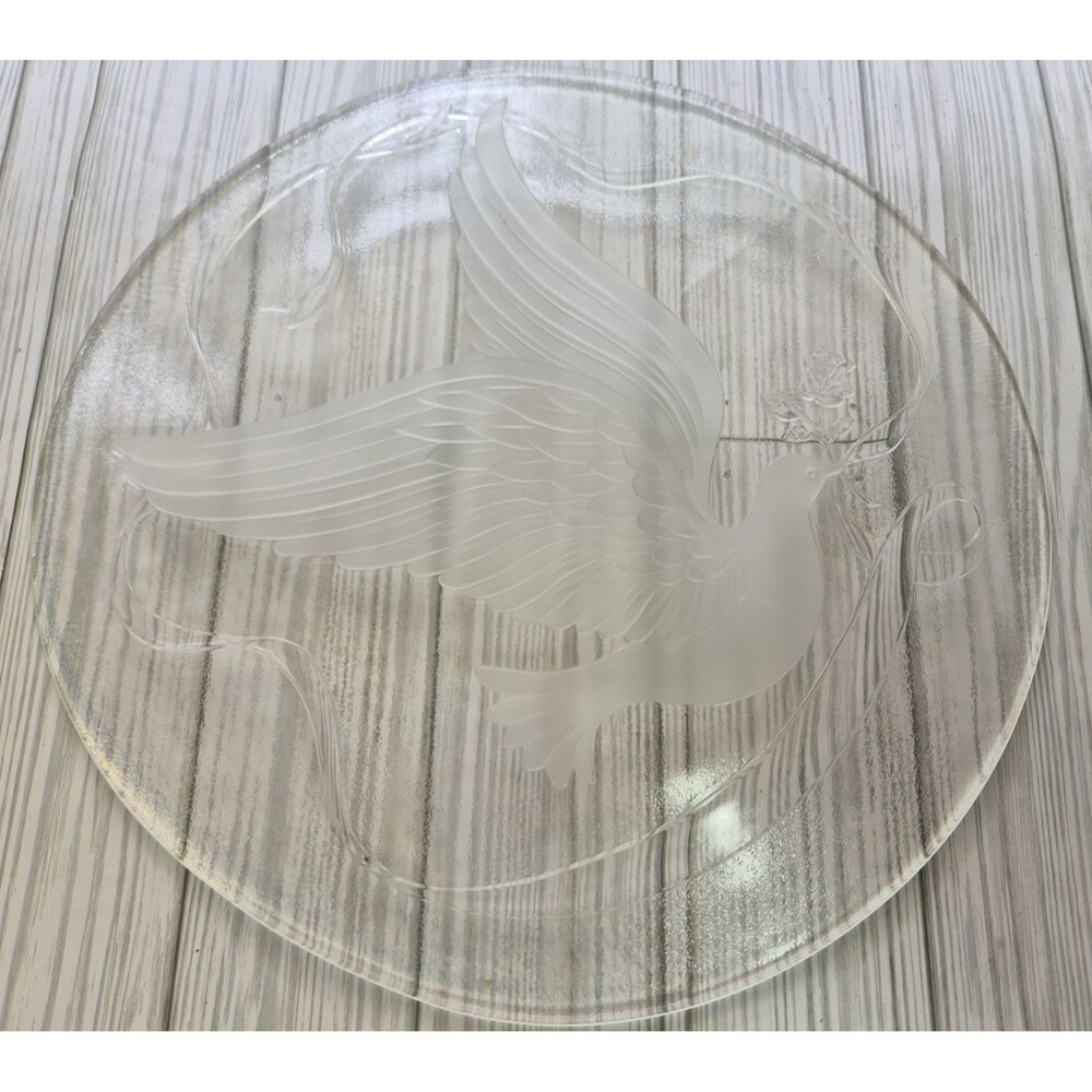 Vintage LE Smith Glass Dove Crystal Tray Platter 13" Satin Frosted Home Decor